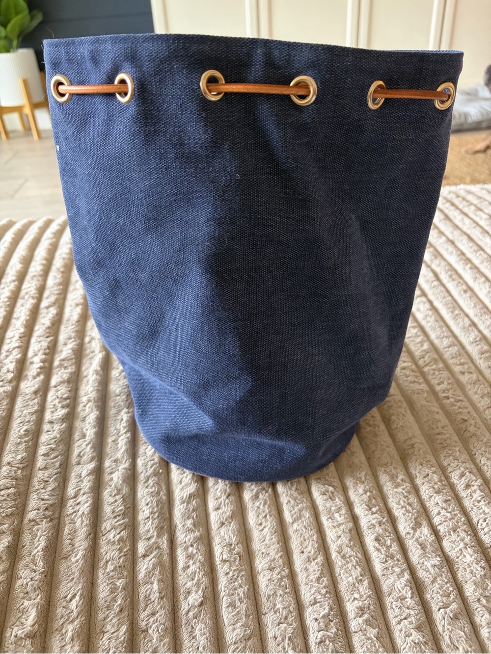 Quaker Marine Supply Navy Canvas Drawstring Bag with Leather Cord